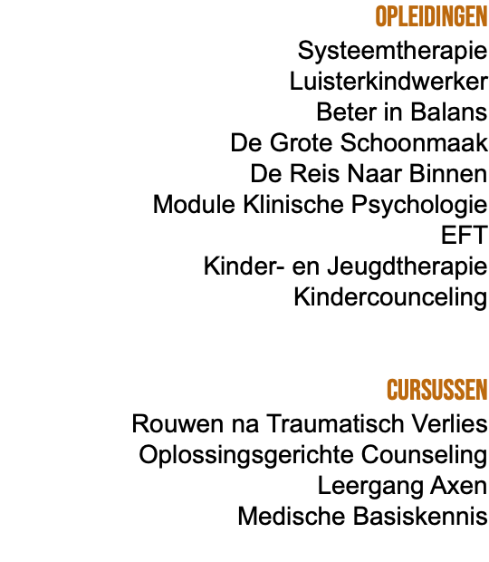 Opleidingen Systeemtherapie Luisterkindwerker Beter in Balans De Grote Schoonmaak De Reis Naar Binnen Module Klinische Psychologie EFT Kinder- en Jeugdtherapie Kindercounceling Cursussen Rouwen na Traumatisch Verlies Oplossingsgerichte Counseling Leergang Axen Medische Basiskennis 